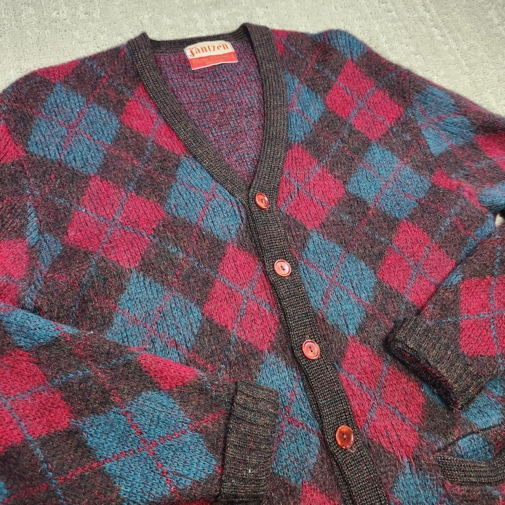 Vintage 60s Mohair Wool Sweater Men Large Shaggy Argyle Cobain Cardigan USA